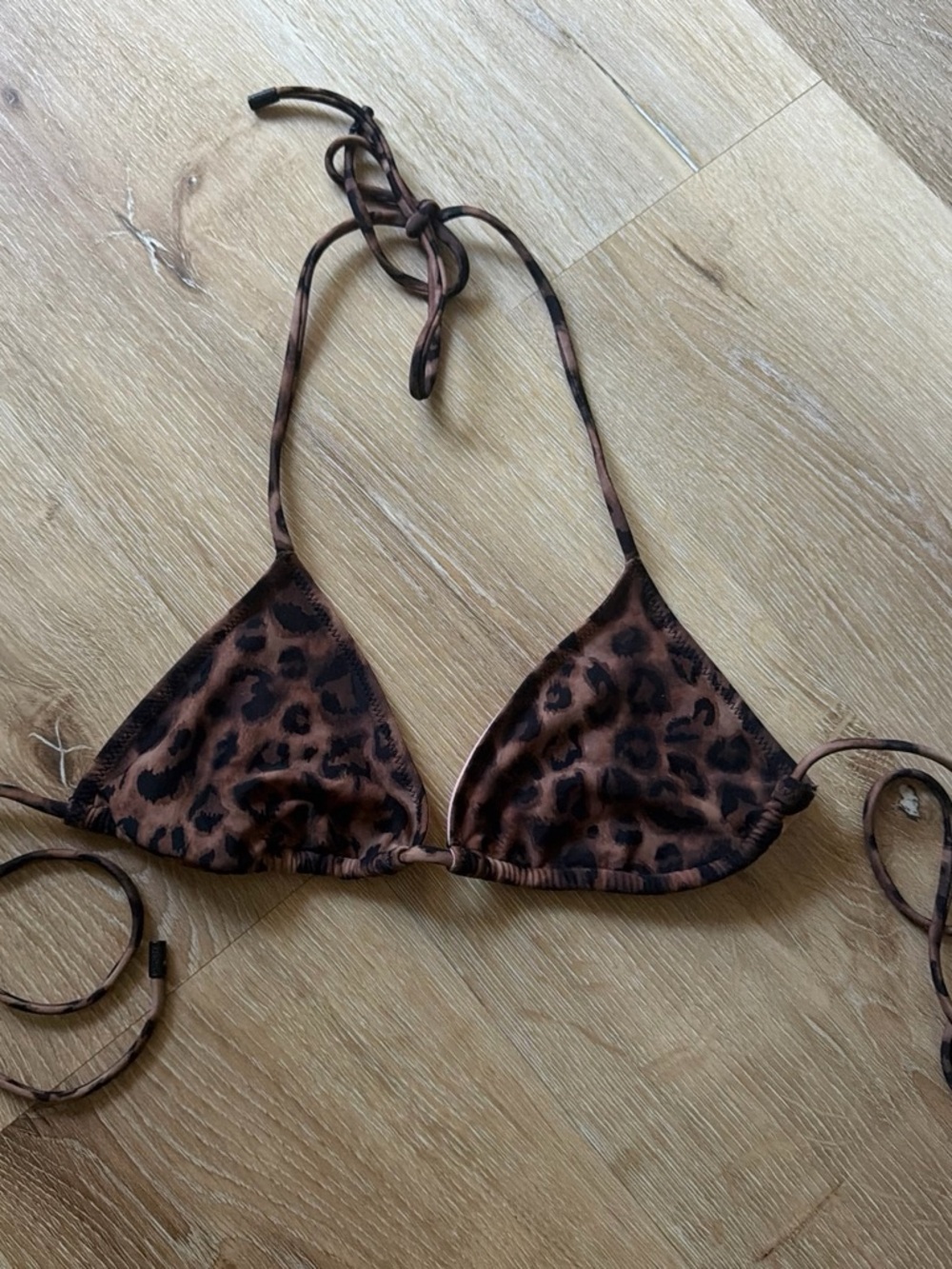 Brown Leopard-Print Triangle Bikini Top with Adjustable Ties